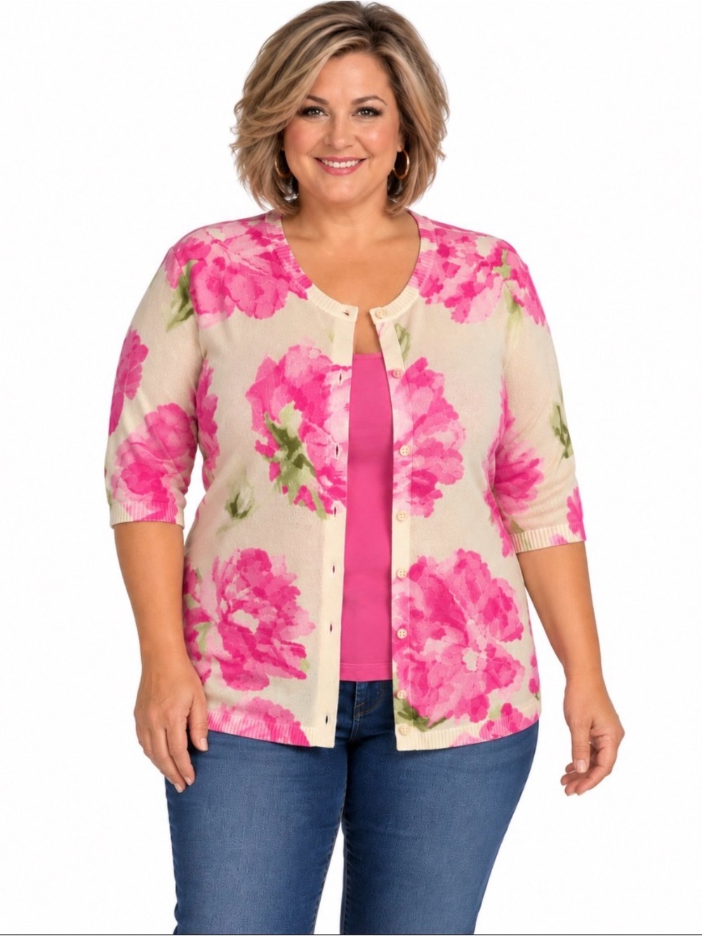 Liz Claiborne Pink Tank & Cream Cardigan with Pink Floral Print 1X